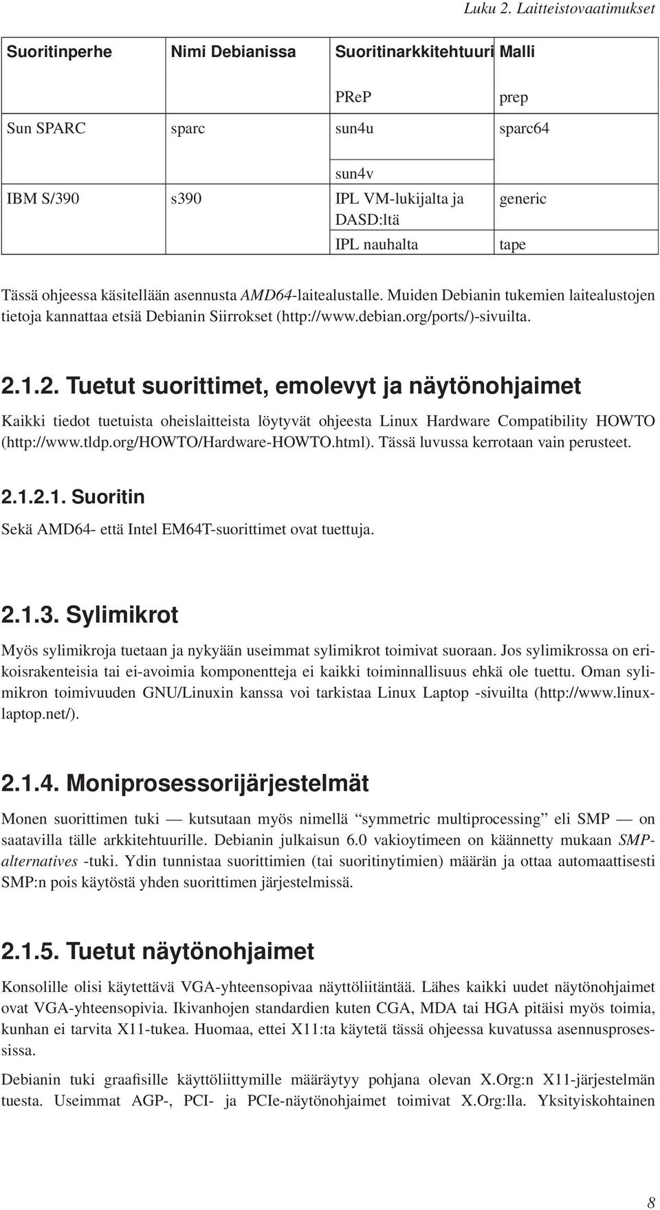 Tässä ohjeessa käsitellään asennusta AMD64-laitealustalle. Muiden Debianin tukemien laitealustojen tietoja kannattaa etsiä Debianin Siirrokset (http://www.debian.org/ports/)-sivuilta. 2.