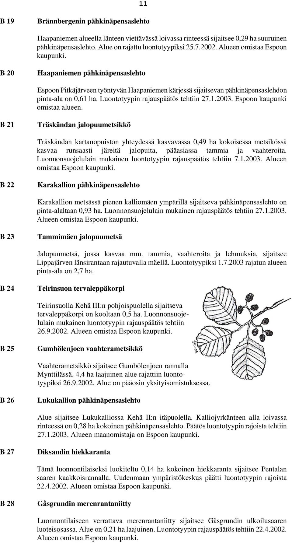 Luontotyypin rajauspäätös tehtiin 27.1.2003. Espoon kaupunki omistaa alueen.