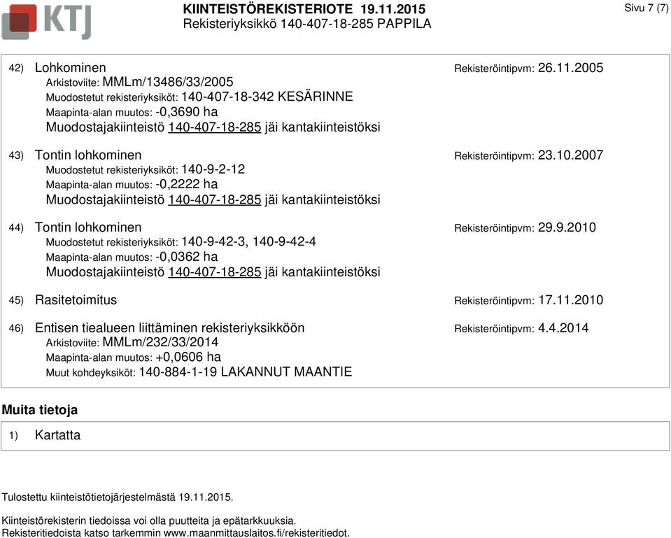 2005 Arkistoviite: MMLm/13486/33/2005 Muodostetut rekisteriyksiköt: 140-407-18-342 KESÄRINNE Maapinta-alan muutos: -0,3690 ha Muodostajakiinteistö 140-407-18-285 jäi kantakiinteistöksi 43) Tontin