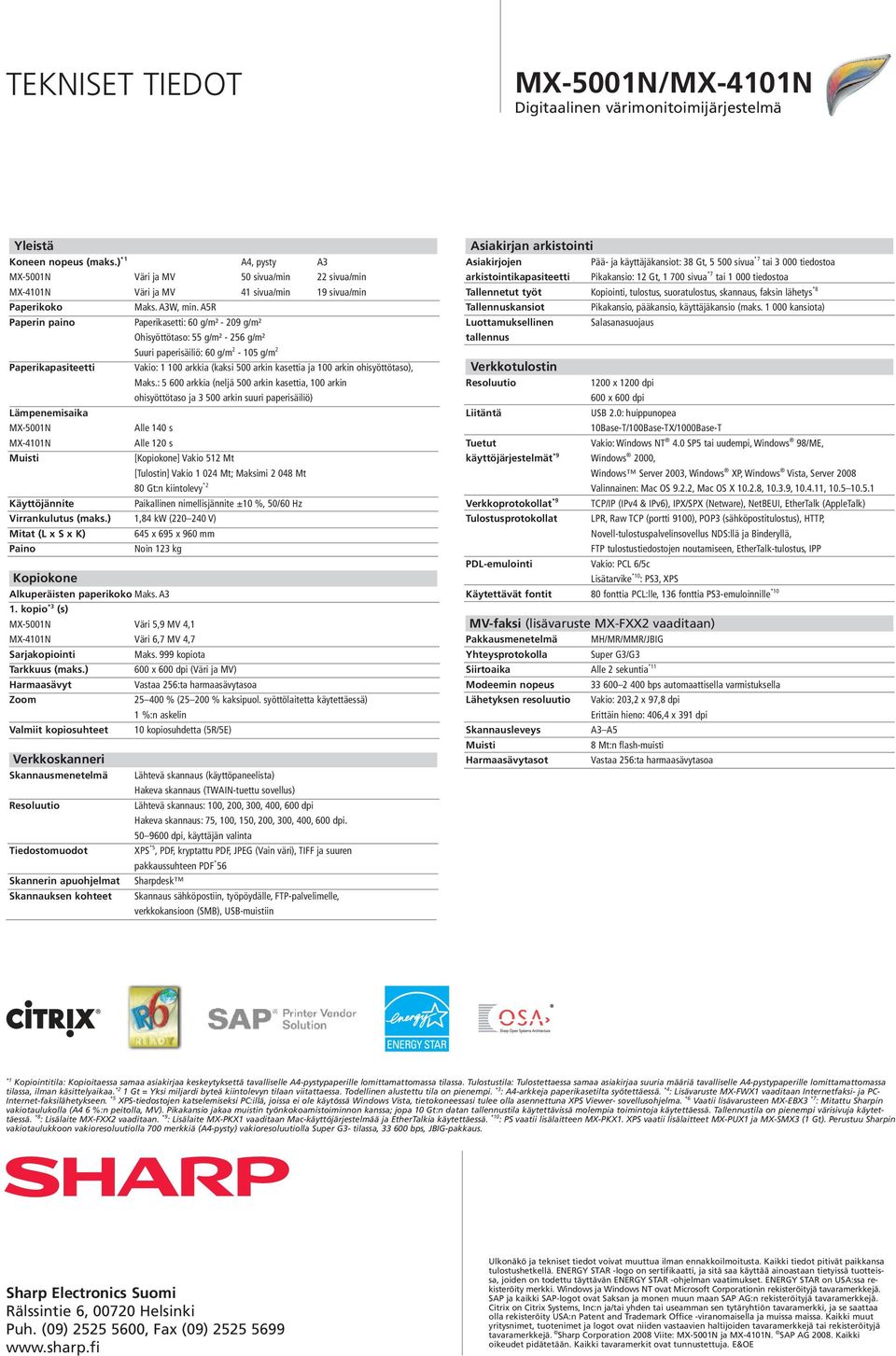 A5R Paperin paino Paperikasetti: 60 g/m² - 209 g/m² Ohisyöttötaso: 55 g/m² - 256 g/m² Suuri paperisäiliö: 60 g/m 2-105 g/m 2 Paperikapasiteetti Vakio: 1 100 arkkia (kaksi 500 arkin kasettia ja 100