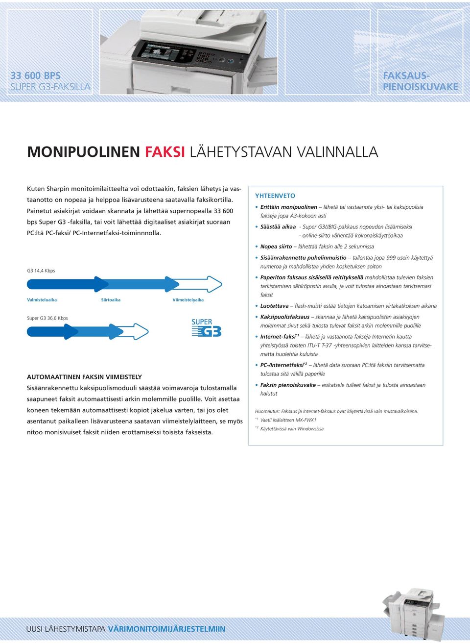 Painetut asiakirjat voidaan skannata ja lähettää supernopealla 33 600 bps Super G3 -faksilla, tai voit lähettää digitaaliset asiakirjat suoraan PC:ltä PC-faksi/ PC-Internetfaksi-toiminnnolla.