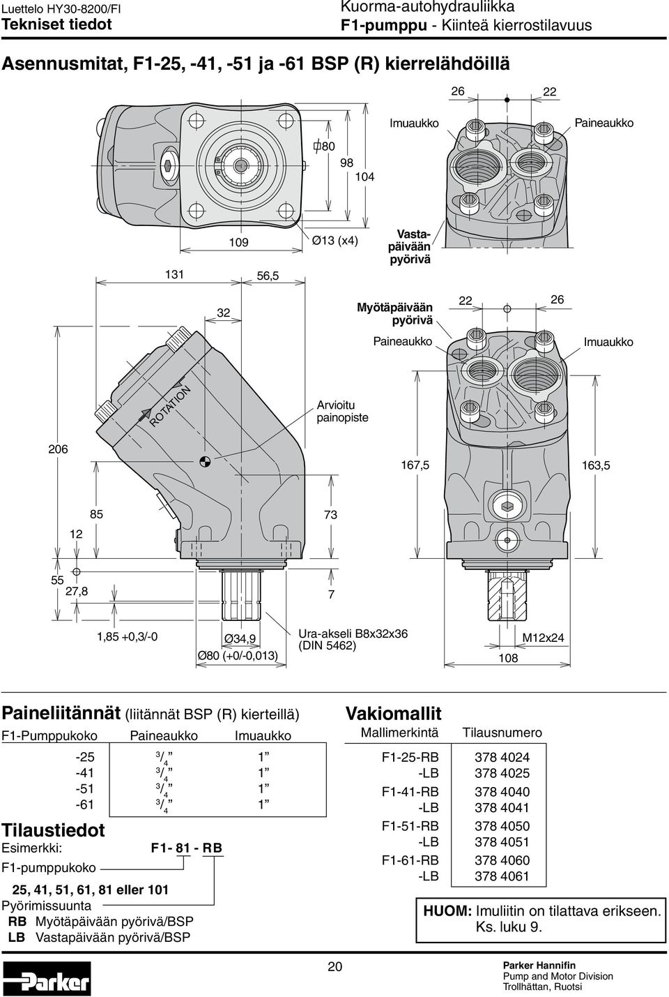 Paineliitännät (liitännät BSP (R) kierteillä) F1-Pumppukoko Paineaukko Imuaukko Tilaustiedot Esimerkki: -25 3 / 4 1-41 3 / 4 1-51 3 / 4 1-61 3 / 4 1 F1-81 - RB F1-pumppukoko 25, 41, 51, 61, 81 eller