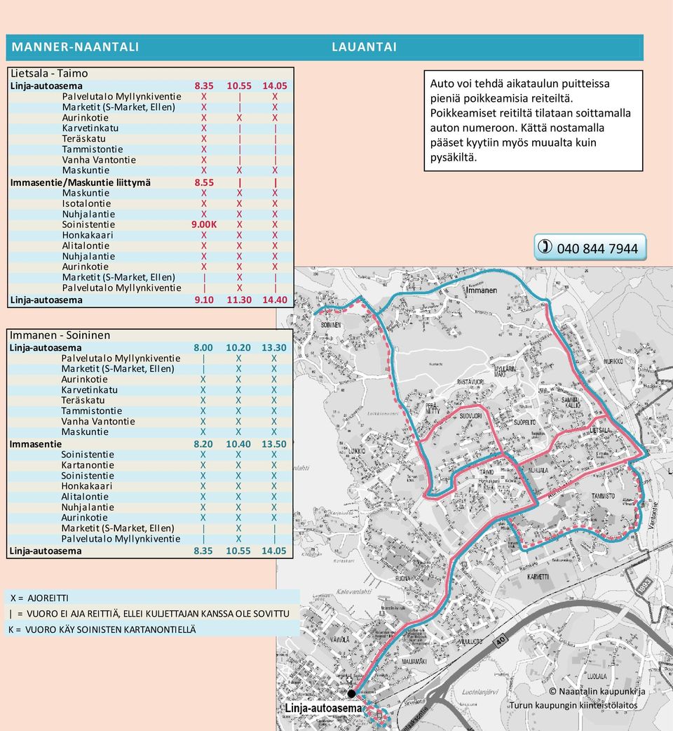 00K X X Honkakaari X X X Alitalontie X X X Palvelutalo Myllynkiventie X 9.10 11.30 14.40 Auto voi tehdä aikataulun puitteissa pieniä poikkeamisia reiteiltä.