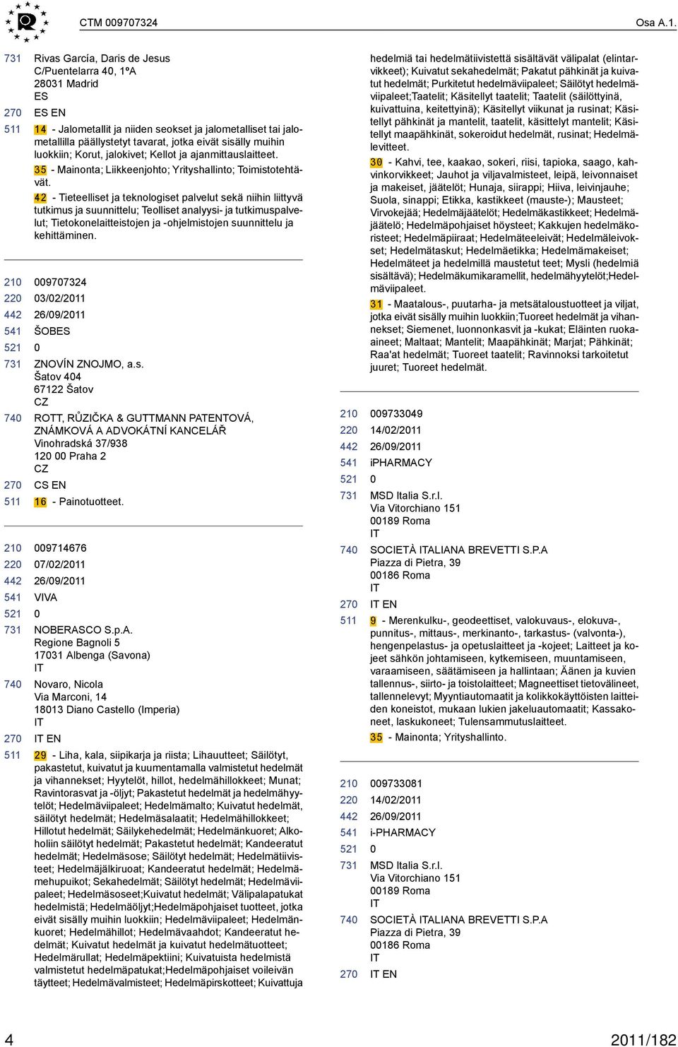 luokkiin; Korut, jalokivet; Kellot ja ajanmittauslaitteet. 35 - Mainonta; Liikkeenjohto; Yrityshallinto; Toimistotehtävät.