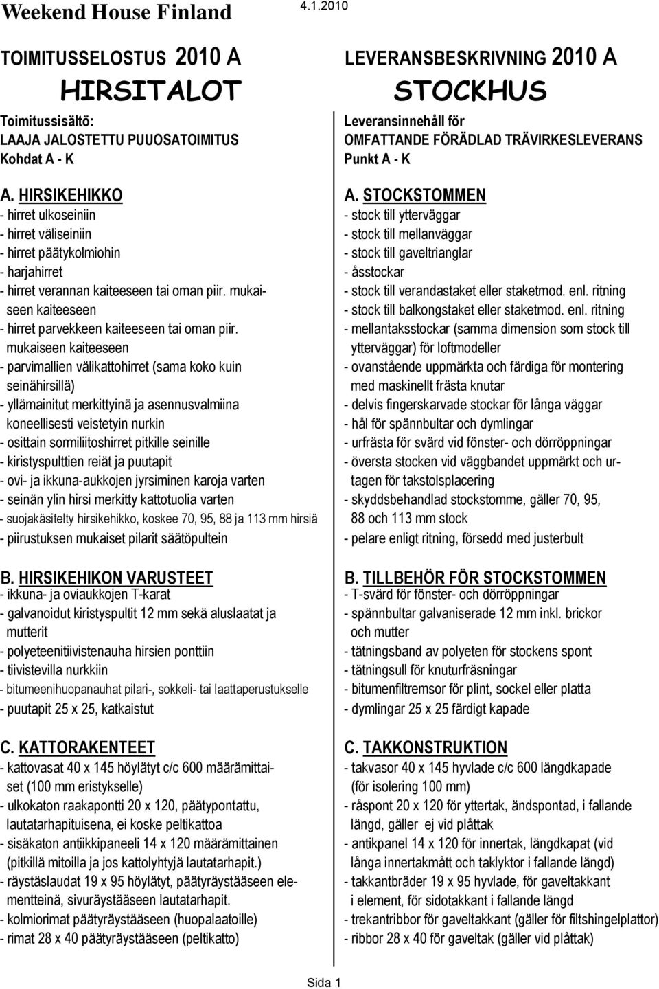 Leveransinnehåll för OMFATTANDE FÖRÄDLAD TRÄVIRKESLEVERANS Punkt A - K - hirret verannan kaiteeseen tai oman piir. mukai- - stock till verandastaket eller staketmod. enl.