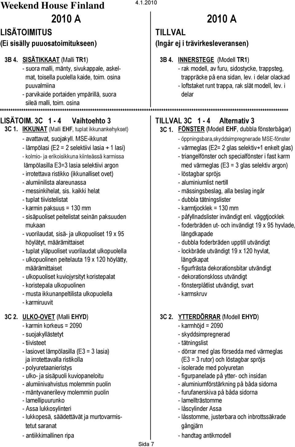 3C 1-4 Vaihtoehto 3 3C 1-4 Alternativ 3 3C 1. IKKUNAT (Malli EHF, tuplat ikkunankehykset) 3C 1. FÖNSTER (Modell EHF, dubbla fönsterbågar) - avattavat, suojakyll.