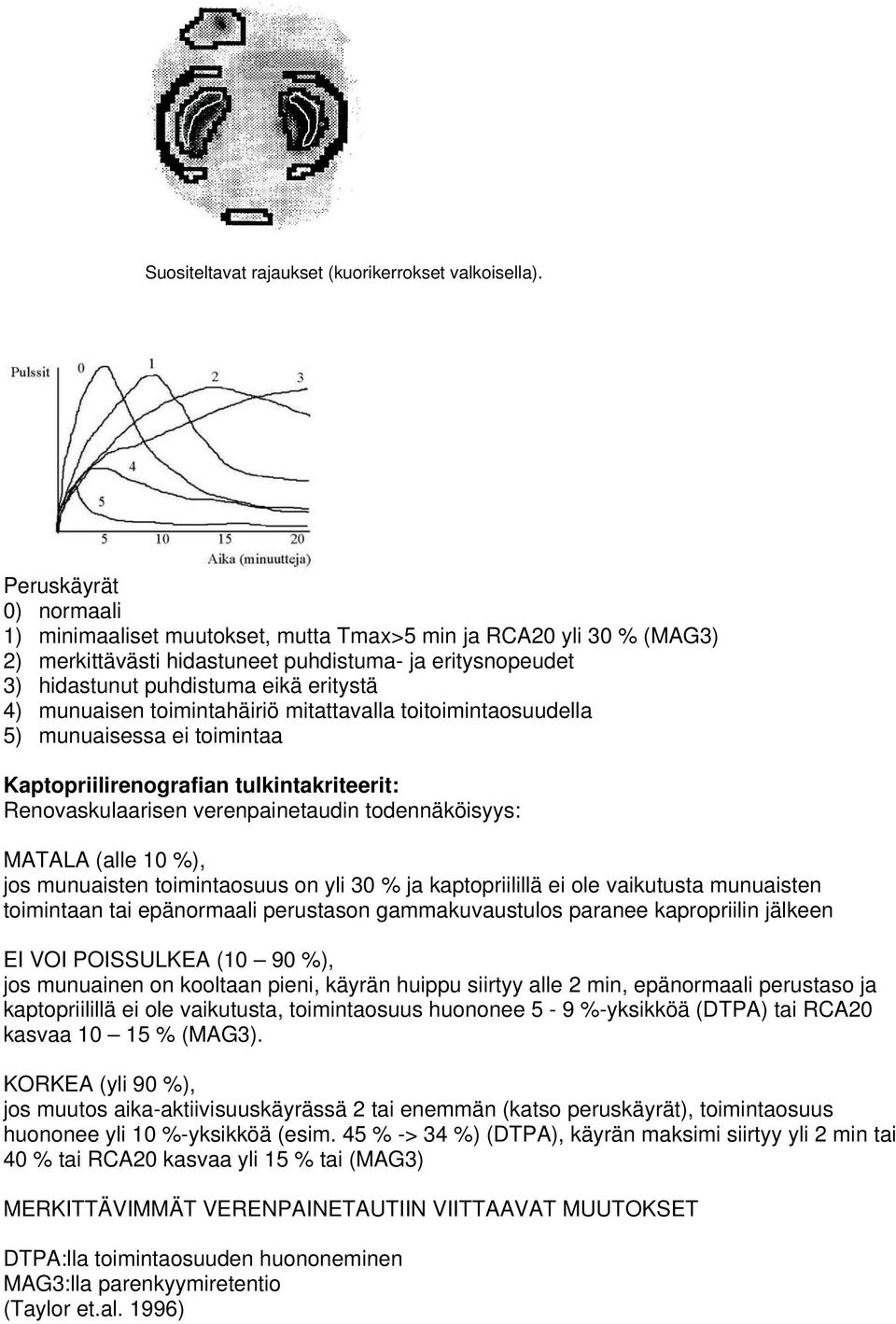 munuaisen toimintahäiriö mitattavalla toitoimintaosuudella 5) munuaisessa ei toimintaa Kaptopriilirenografian tulkintakriteerit: Renovaskulaarisen verenpainetaudin todennäköisyys: MATALA (alle 10 %),