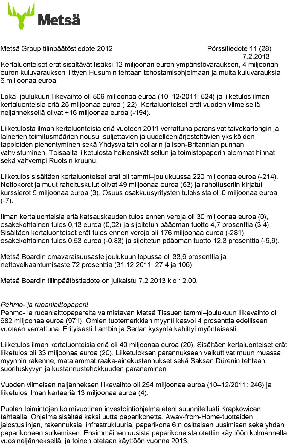 Kertaluonteiset erät vuoden viimeisellä neljänneksellä olivat +16 miljoonaa euroa (-194).