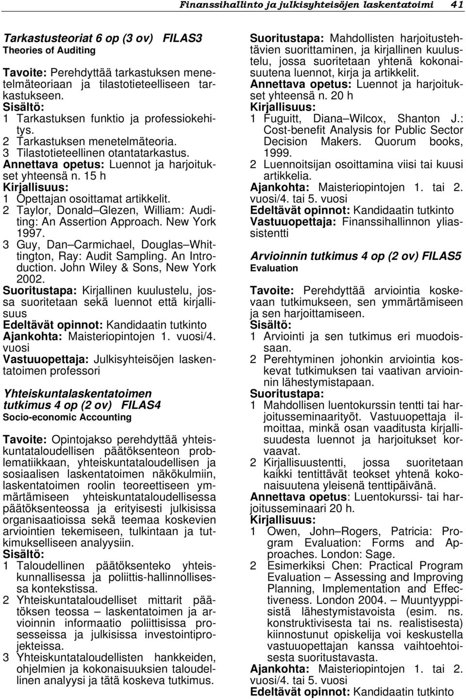 15 h 1 Opettajan osoittamat artikkelit. 2 Taylor, Donald Glezen, William: Auditing: An Assertion Approach. New York 1997. 3 Guy, Dan Carmichael, Douglas Whittington, Ray: Audit Sampling.