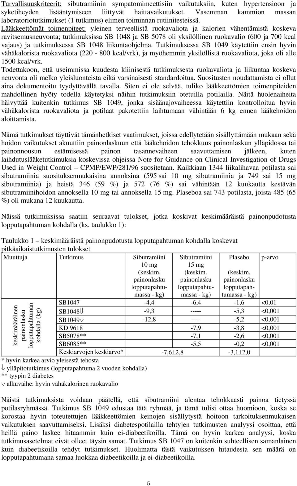 Lääkkeettömät toimenpiteet: yleinen terveellistä ruokavaliota ja kalorien vähentämistä koskeva ravitsemusneuvonta; tutkimuksissa SB 1048 ja SB 5078 oli yksilöllinen ruokavalio (600 ja 700 kcal