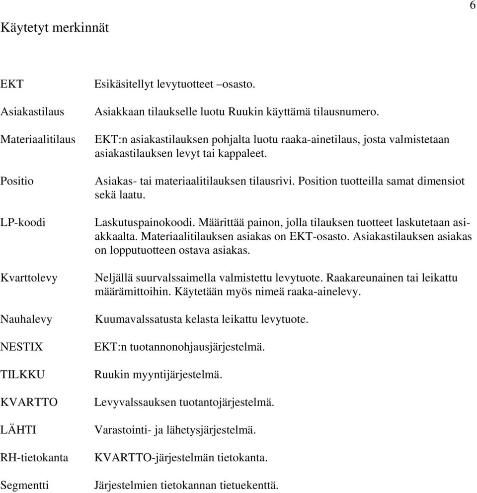 Asiakas- tai materiaalitilauksen tilausrivi. Position tuotteilla samat dimensiot sekä laatu. Laskutuspainokoodi. Määrittää painon, jolla tilauksen tuotteet laskutetaan asiakkaalta.