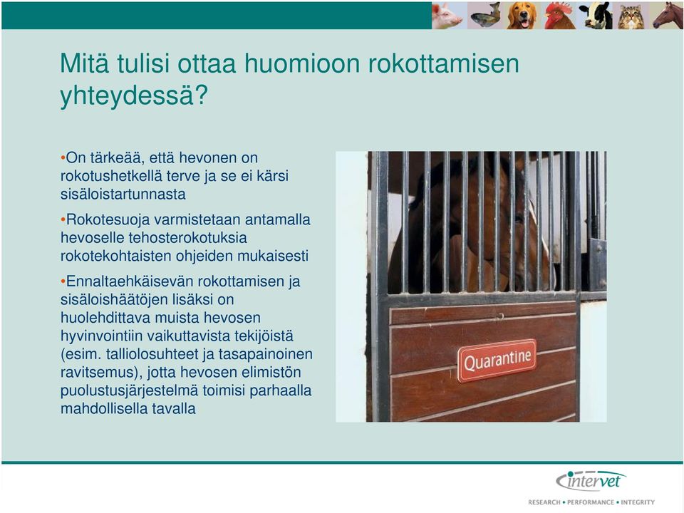 hevoselle tehosterokotuksia rokotekohtaisten ohjeiden mukaisesti Ennaltaehkäisevän rokottamisen ja sisäloishäätöjen lisäksi