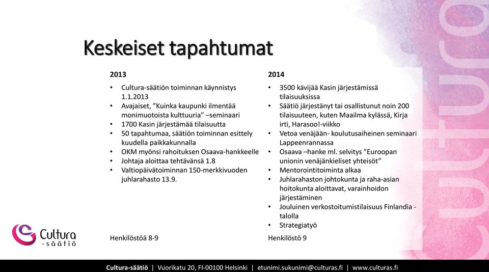 kuudella paikkakunnalla OKM myönsi rahoituksen Osaava-hankkeelle Johtaja aloittaa tehtävänsä 1.8 Valtiopäivätoiminnan 150-merkkivuoden juhlarahasto 13.9.