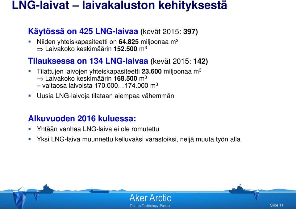 500 m 3 Tilauksessa on 134 LNG-laivaa (kevät 2015: 142) Tilattujen laivojen yhteiskapasiteetti 23.