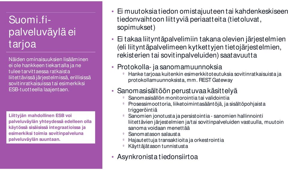 ESB-tuotteella laajentaen. Liittyjän mahdollinen ESB voi palveluväylän yhteydessä edelleen olla käytössä sisäisissä integraatioissa ja esimerkiksi toimia sovitinpalveluna palveluväylän suuntaan.