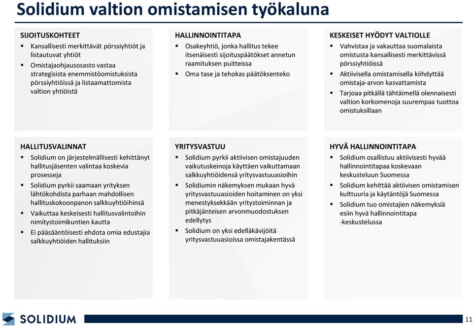 VALTIOLLE Vahvistaa ja vakauttaa suomalaista omistusta kansallisesti merkittävissä pörssiyhtiöissä Aktiivisella omistamisella kiihdyttää omistaja-arvon kasvattamista Tarjoaa pitkällä tähtäimellä