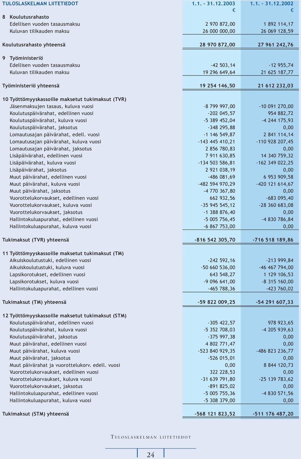 2002 8 Koulutusrahasto Edellisen vuoden tasausmaksu 2 970 872,00 1 892 114,17 Kuluvan tilikauden maksu 26 000 000,00 26 069 128,59 Koulutusrahasto yhteensä 28 970 872,00 27 961 242,76 9 Työministeriö