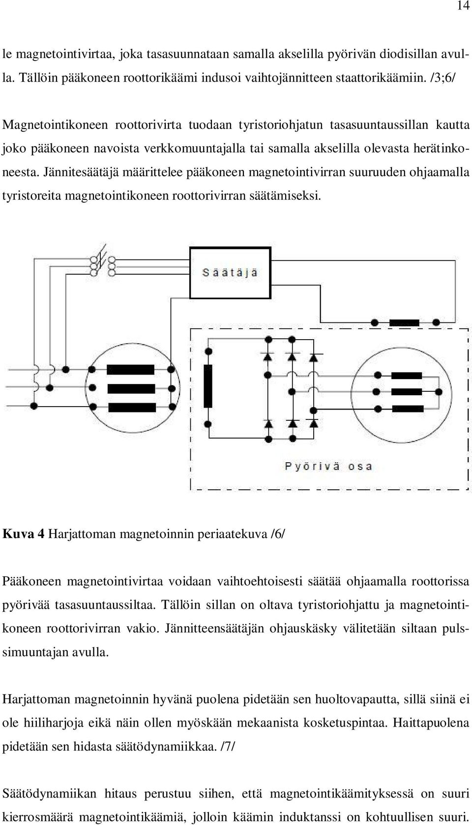 Jännitesäätäjä määrittelee pääkoneen magnetointivirran suuruuden ohjaamalla tyristoreita magnetointikoneen roottorivirran säätämiseksi.