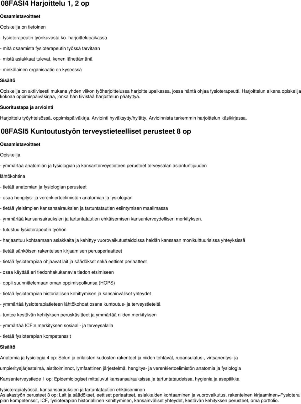 työharjoittelussa harjoittelupaikassa, jossa häntä ohjaa fysioterapeutti. Harjoittelun aikana opiskelija kokoaa oppimispäiväkirjaa, jonka hän tiivistää harjoittelun päätyttyä.