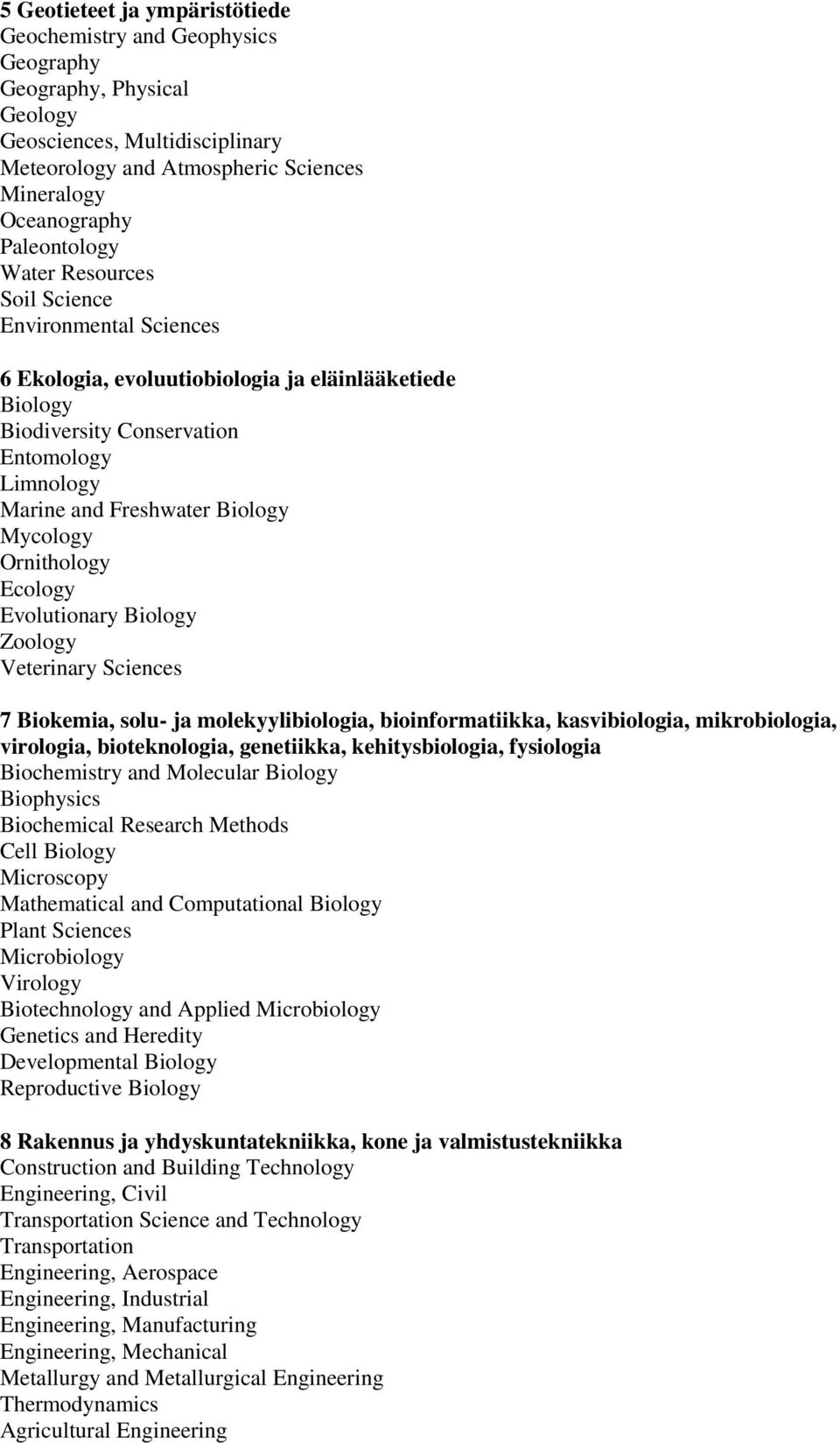 Mycology Ornithology Ecology Evolutionary Biology Zoology Veterinary Sciences 7 Biokemia, solu- ja molekyylibiologia, bioinformatiikka, kasvibiologia, mikrobiologia, virologia, bioteknologia,