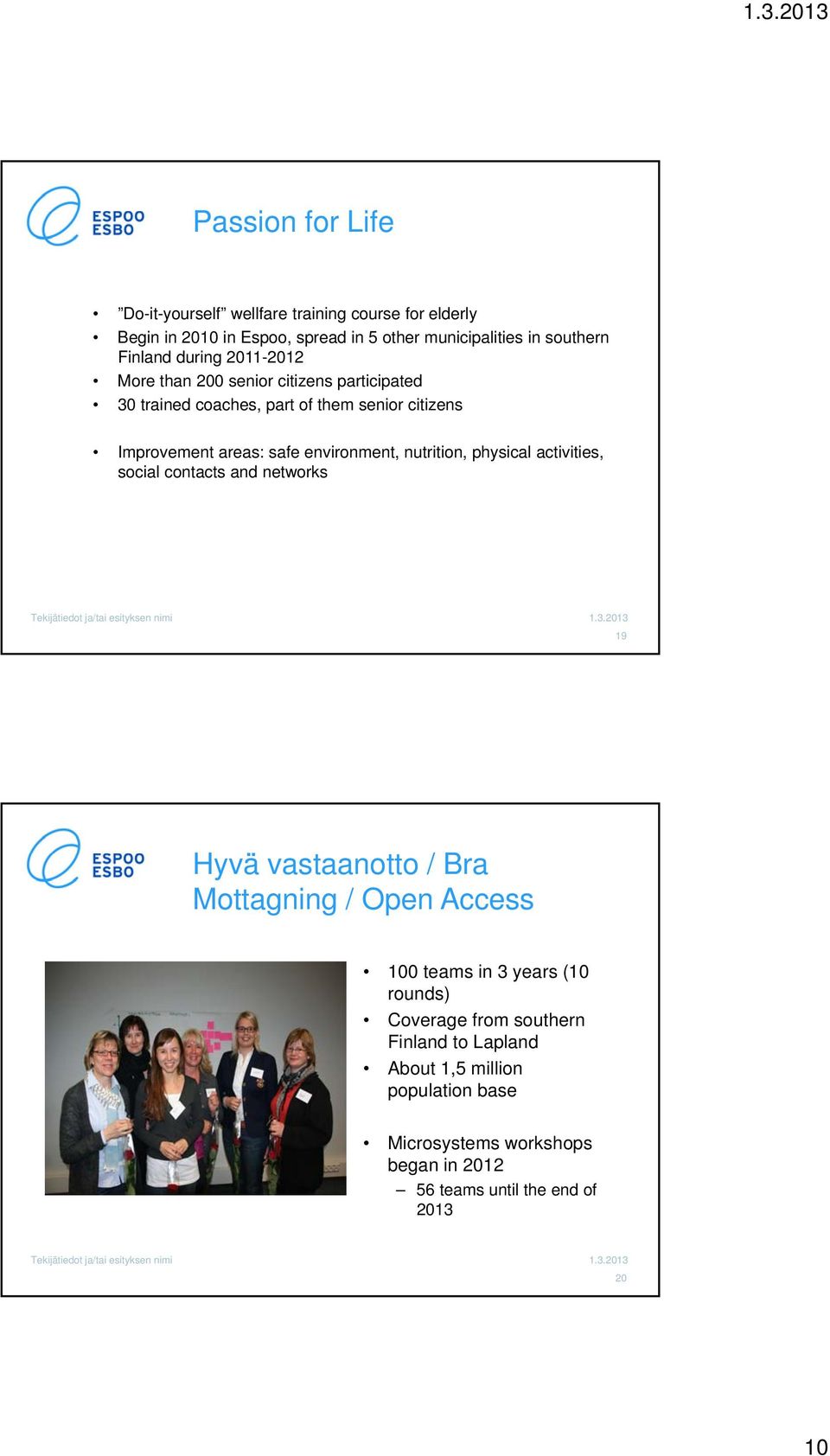 nutrition, physical activities, social contacts and networks 19 Hyvä vastaanotto / Bra Mottagning / Open Access 100 teams in 3 years (10 rounds)