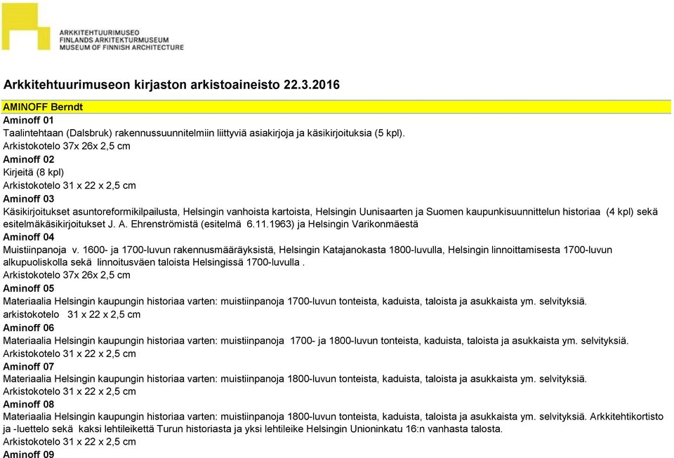 esitelmäkäsikirjoitukset J. A. Ehrenströmistä (esitelmä 6.11.1963) ja Helsingin Varikonmäestä Aminoff 04 Muistiinpanoja v.