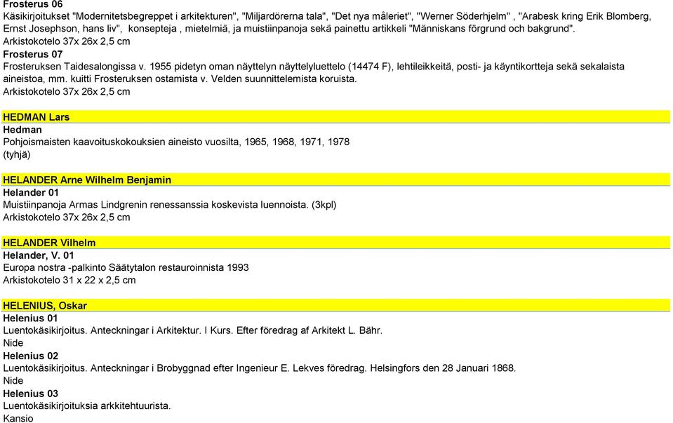 1955 pidetyn oman näyttelyn näyttelyluettelo (14474 F), lehtileikkeitä, posti- ja käyntikortteja sekä sekalaista aineistoa, mm. kuitti Frosteruksen ostamista v. Velden suunnittelemista koruista.