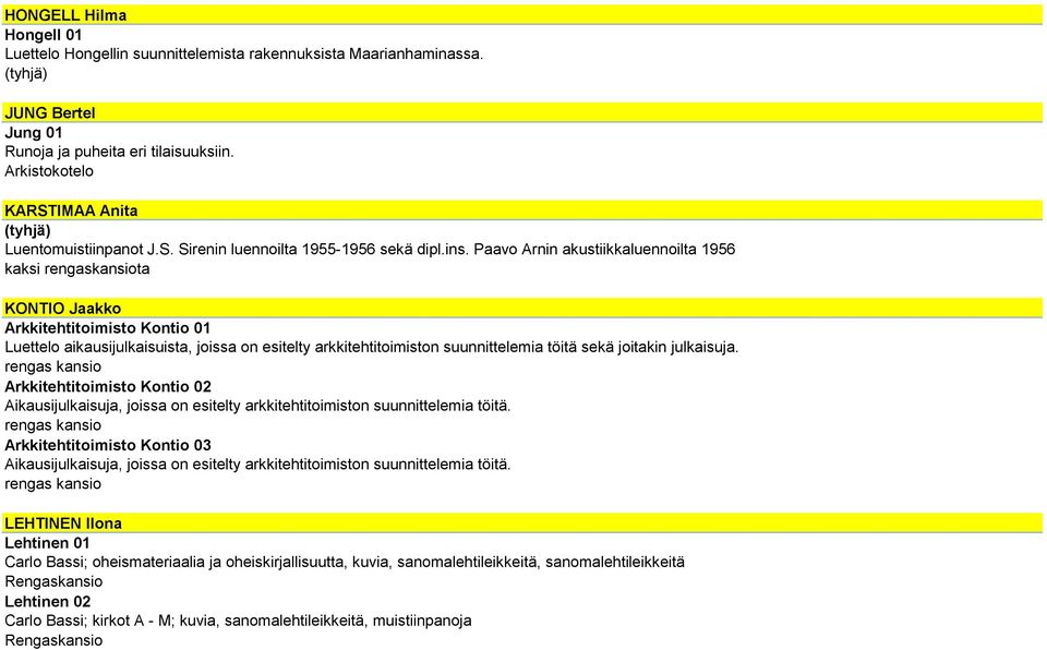 Paavo Arnin akustiikkaluennoilta 1956 kaksi rengaskansiota KONTIO Jaakko Arkkitehtitoimisto Kontio 01 Luettelo aikausijulkaisuista, joissa on esitelty arkkitehtitoimiston suunnittelemia töitä sekä