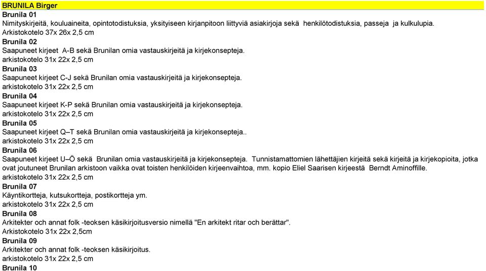 arkistokotelo 31x 22x 2,5 cm Brunila 03 Saapuneet kirjeet C-J sekä Brunilan omia vastauskirjeitä ja kirjekonsepteja.