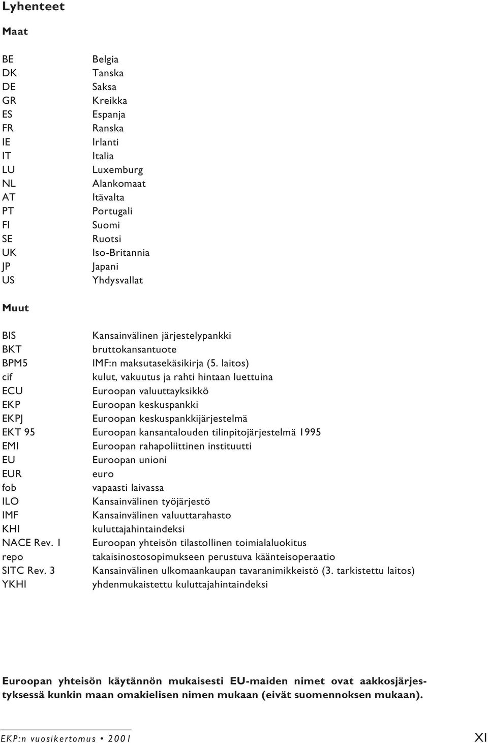 laitos) cif kulut, vakuutus ja rahti hintaan luettuina ECU Euroopan valuuttayksikkö EKP Euroopan keskuspankki EKPJ Euroopan keskuspankkijärjestelmä EKT 95 Euroopan kansantalouden tilinpitojärjestelmä