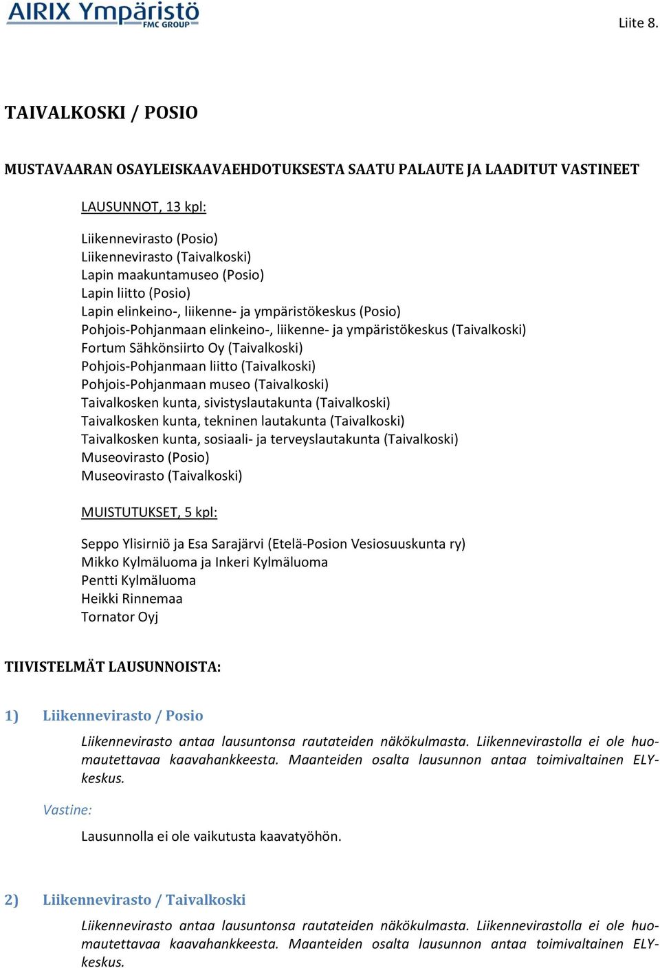 Lapin liitto (Posio) Lapin elinkeino-, liikenne- ja ympäristökeskus (Posio) Pohjois-Pohjanmaan elinkeino-, liikenne- ja ympäristökeskus (Taivalkoski) Fortum Sähkönsiirto Oy (Taivalkoski)