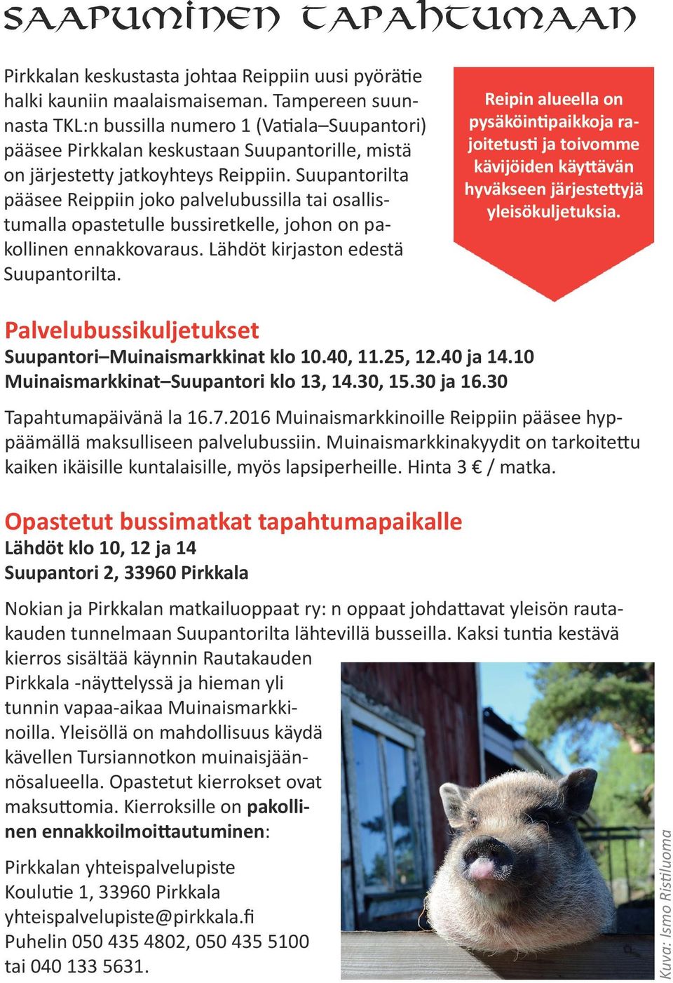 Suupantorilta pääsee Reippiin joko palvelubussilla tai osallistumalla opastetulle bussiretkelle, johon on pakollinen ennakkovaraus. Lähdöt kirjaston edestä Suupantorilta.