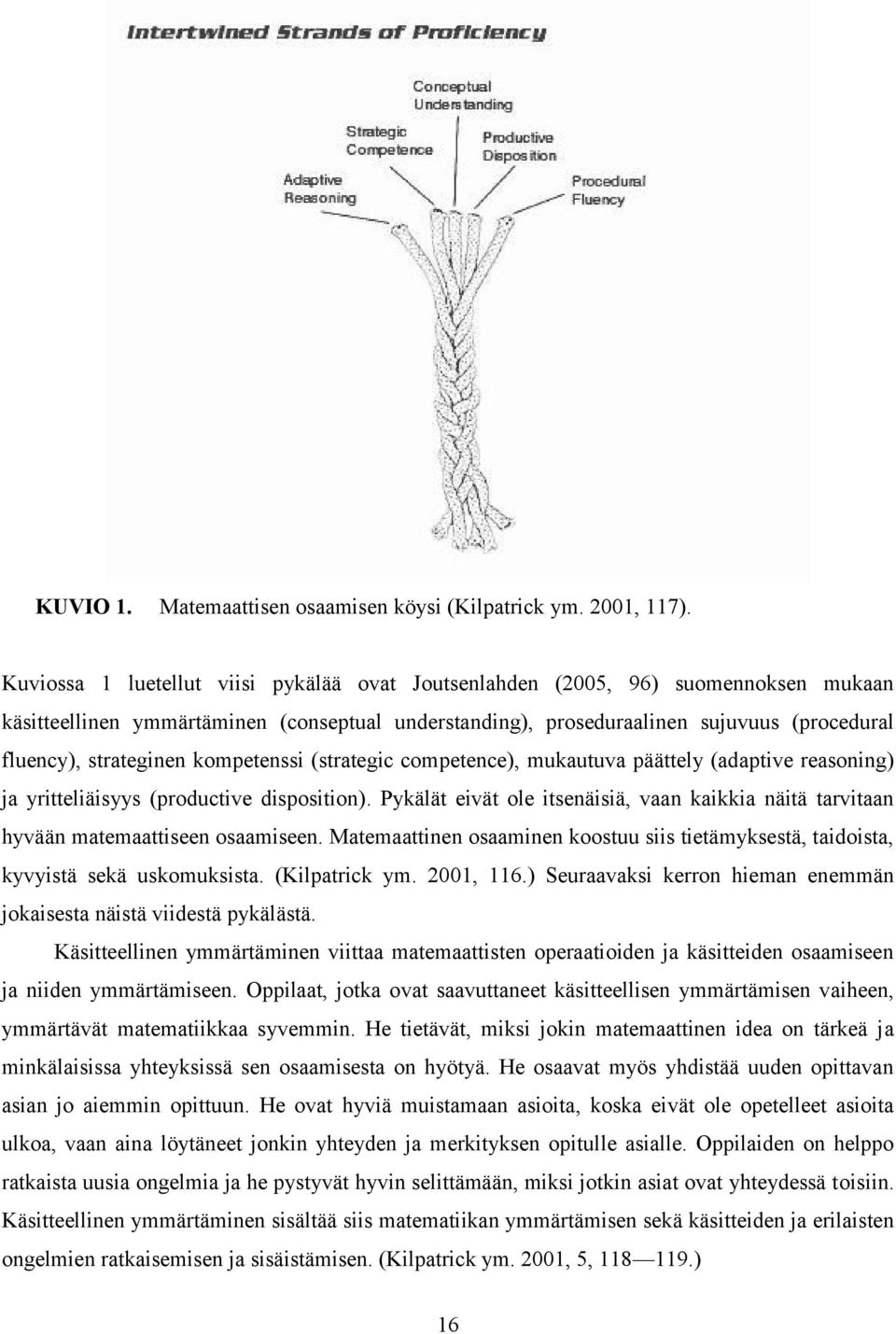 kompetenssi (strategic competence), mukautuva päättely (adaptive reasoning) ja yritteliäisyys (productive disposition).