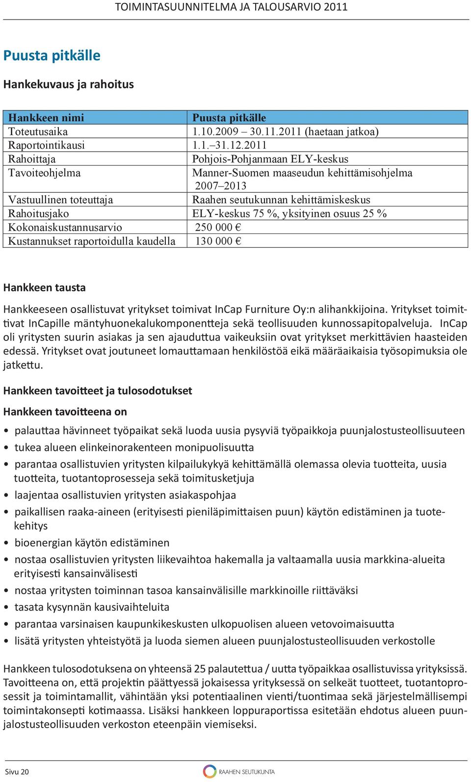 %, yksityinen osuus 25 % Kokonaiskustannusarvio 250 000 Kustannukset raportoidulla kaudella 130 000 Hankkeen tausta Hankkeeseen osallistuvat yritykset toimivat InCap Furniture Oy:n alihankkijoina.