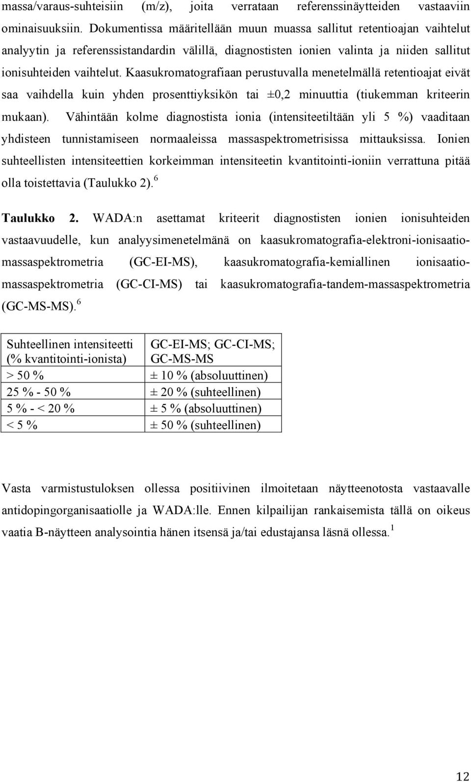 Kaasukromatografiaan perustuvalla menetelmällä retentioajat eivät saa vaihdella kuin yhden prosenttiyksikön tai ±0,2 minuuttia (tiukemman kriteerin mukaan).