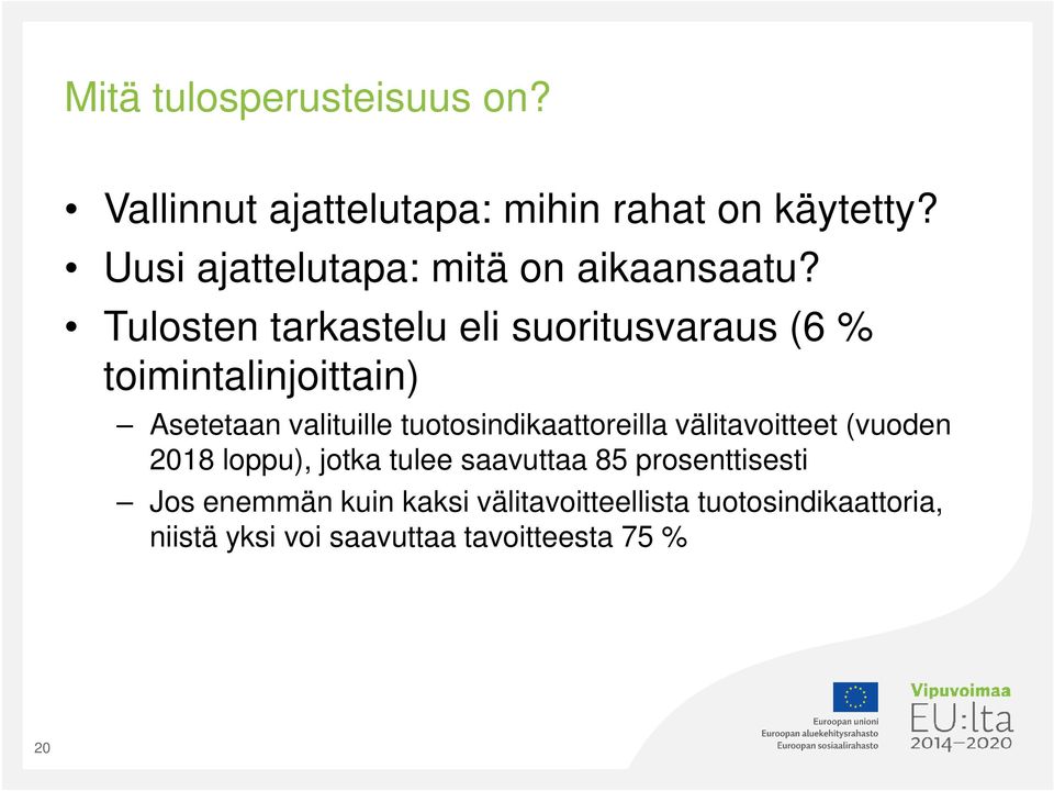 Tulosten tarkastelu eli suoritusvaraus (6 % toimintalinjoittain) Asetetaan valituille