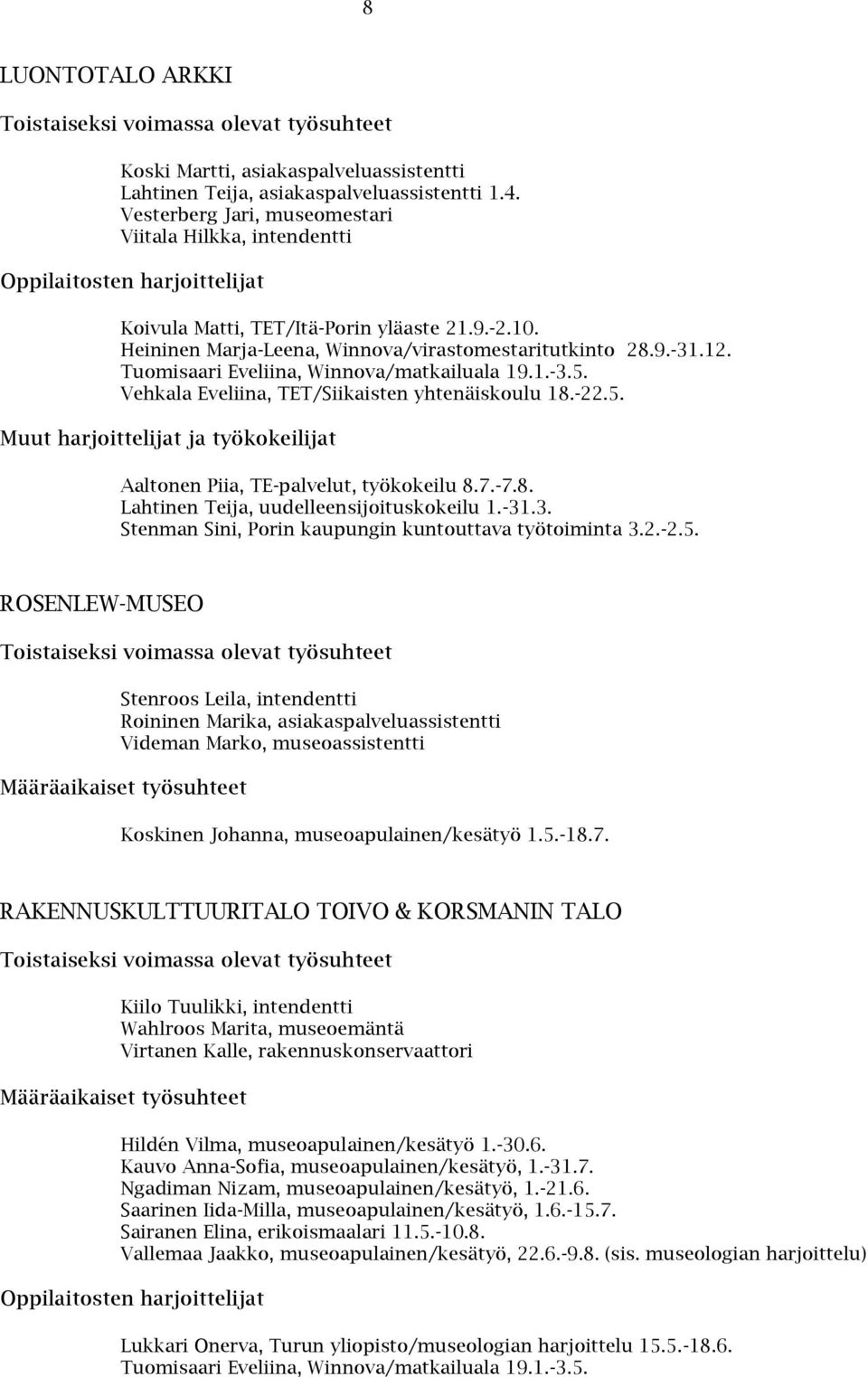 12. Tuomisaari Eveliina, Winnova/matkailuala 19.1.-3.5. Vehkala Eveliina, TET/Siikaisten yhtenäiskoulu 18.-22.5. Muut harjoittelijat ja työkokeilijat Aaltonen Piia, TE-palvelut, työkokeilu 8.7.-7.8. Lahtinen Teija, uudelleensijoituskokeilu 1.