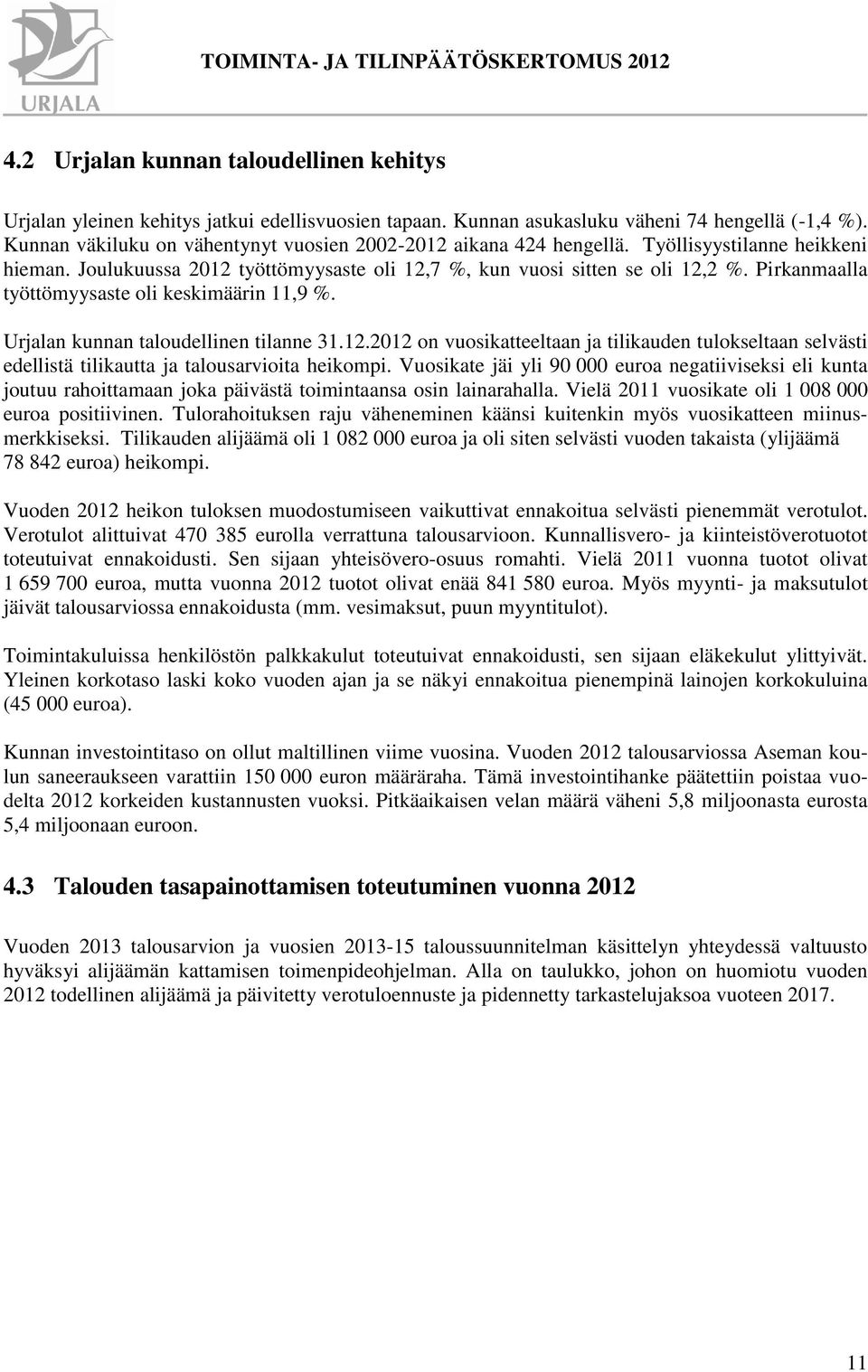 Pirkanmaalla työttömyysaste oli keskimäärin 11,9 %. Urjalan kunnan taloudellinen tilanne 31.12.2012 on vuosikatteeltaan ja tilikauden tulokseltaan selvästi edellistä tilikautta ja ita heikompi.