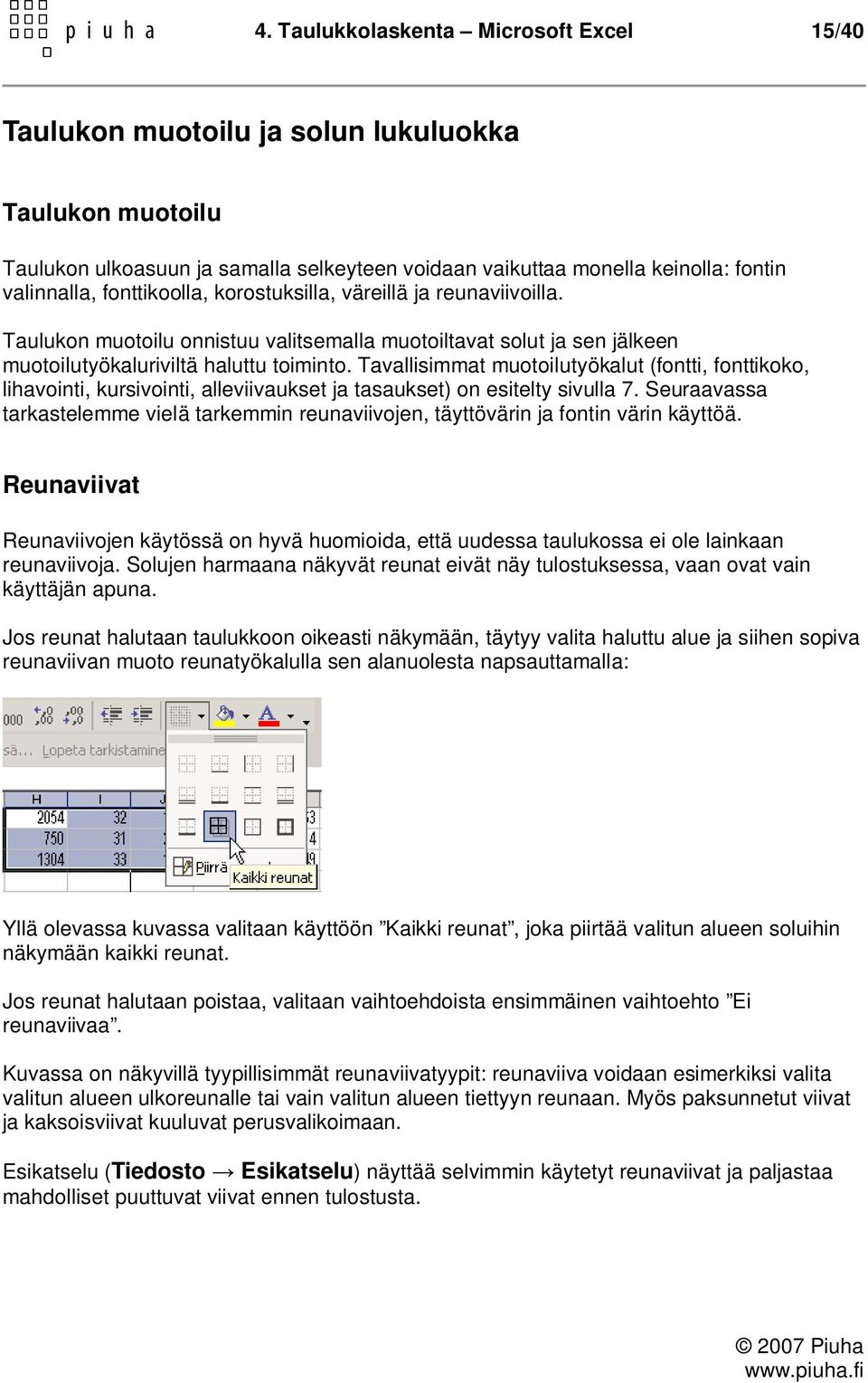 Tavallisimmat muotoilutyökalut (fontti, fonttikoko, lihavointi, kursivointi, alleviivaukset ja tasaukset) on esitelty sivulla 7.