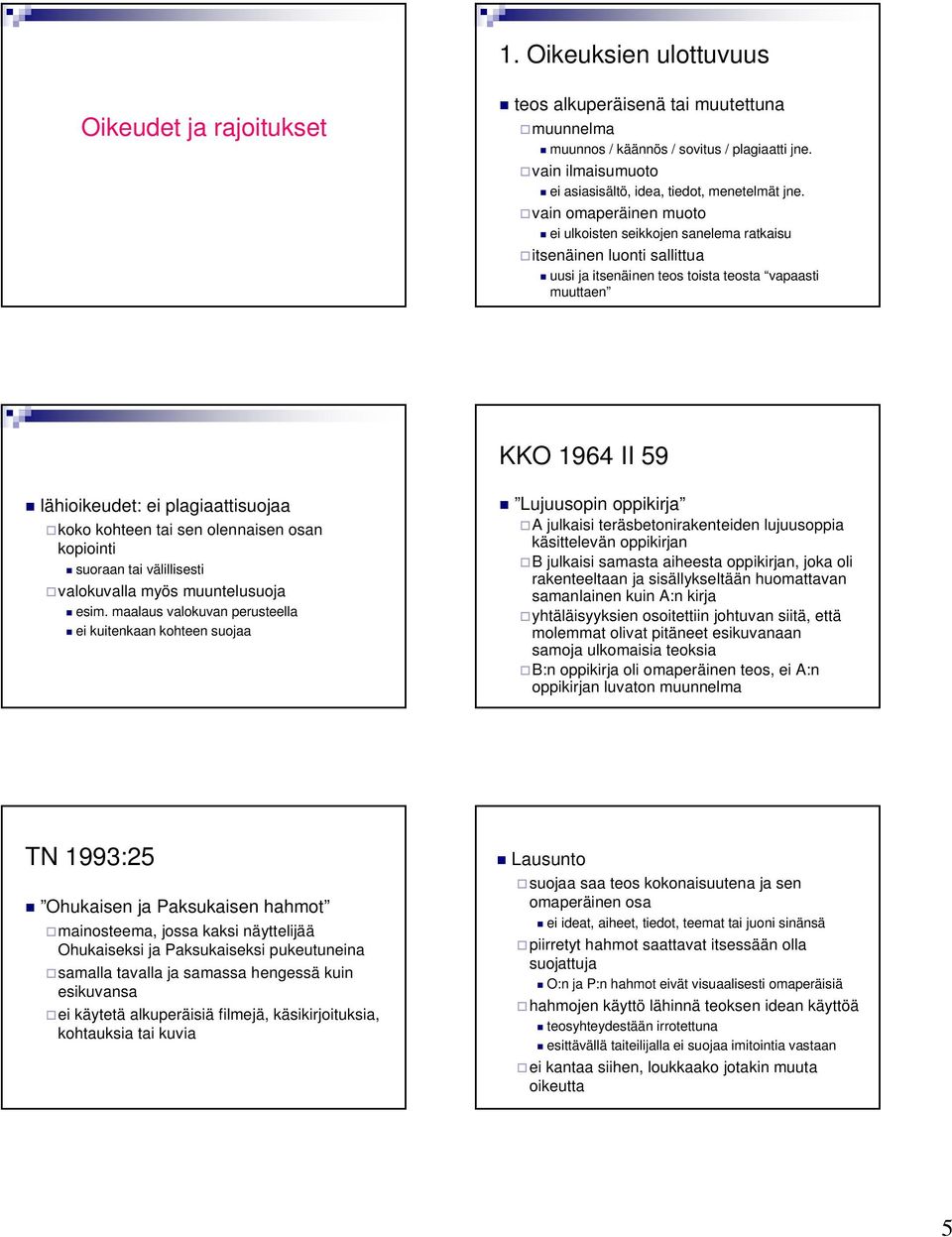 vain omaperäinen muoto ei ulkoisten seikkojen sanelema ratkaisu itsenäinen luonti sallittua uusi ja itsenäinen teos toista teosta vapaasti muuttaen KKO 1964 II 59 lähioikeudet: ei plagiaattisuojaa