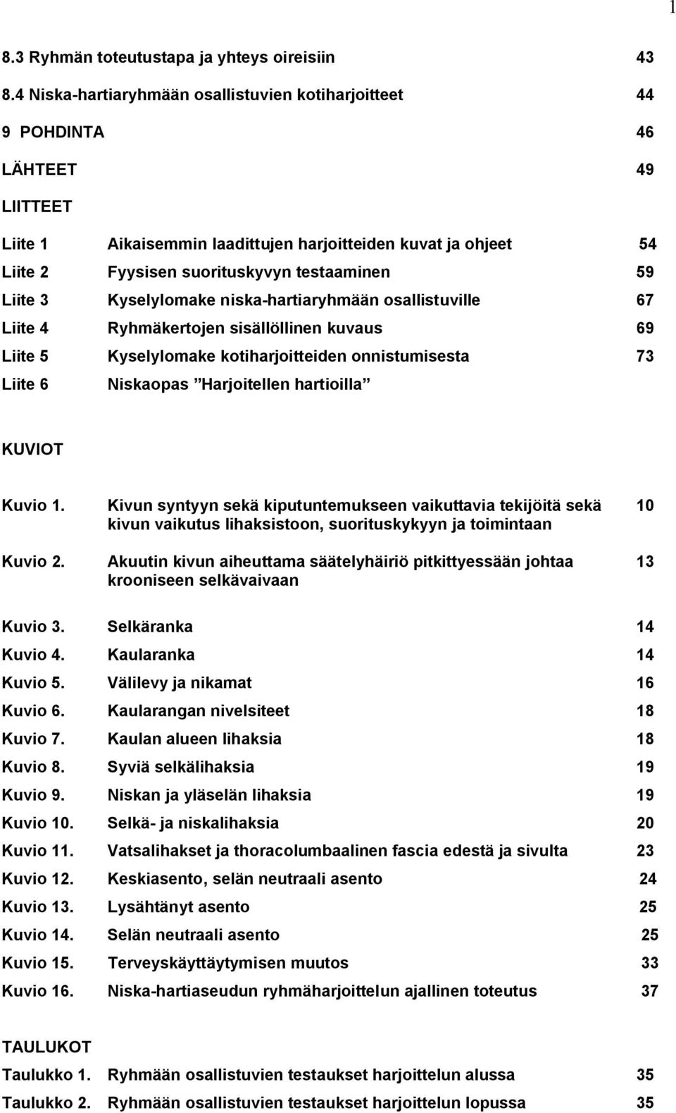 Liite 3 Kyselylomake niska-hartiaryhmään osallistuville 67 Liite 4 Ryhmäkertojen sisällöllinen kuvaus 69 Liite 5 Kyselylomake kotiharjoitteiden onnistumisesta 73 Liite 6 Niskaopas Harjoitellen
