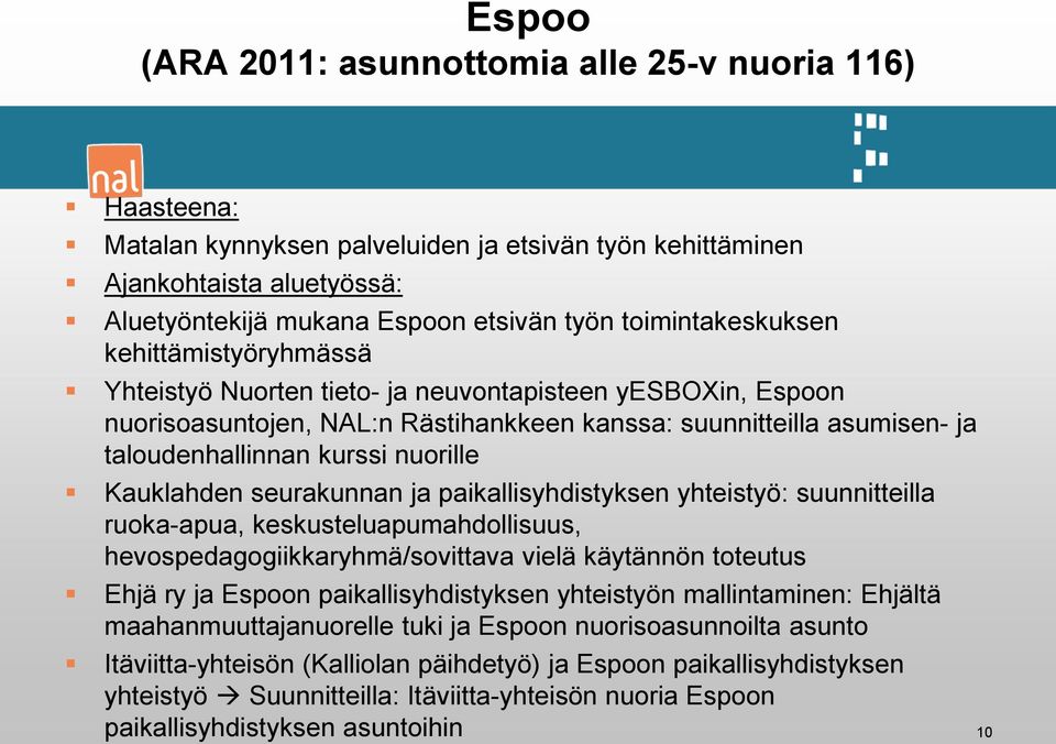 nuorille Kauklahden seurakunnan ja paikallisyhdistyksen yhteistyö: suunnitteilla ruoka-apua, keskusteluapumahdollisuus, hevospedagogiikkaryhmä/sovittava vielä käytännön toteutus Ehjä ry ja Espoon