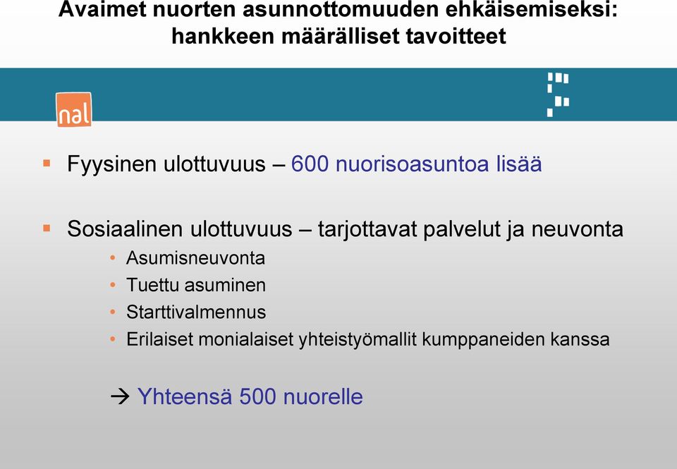 ulottuvuus tarjottavat palvelut ja neuvonta Asumisneuvonta Tuettu asuminen