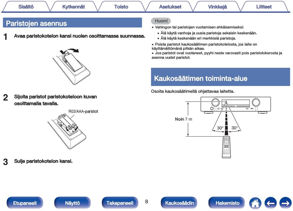 0 Poista paristot kaukosäätimen paristokotelosta, jos laite on käyttämättömänä pitkän aikaa.