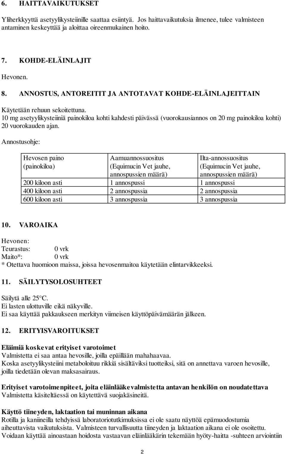 10 mg asetyylikysteiiniä painokiloa kohti kahdesti päivässä (vuorokausiannos on 20 mg painokiloa kohti) 20 vuorokauden ajan.