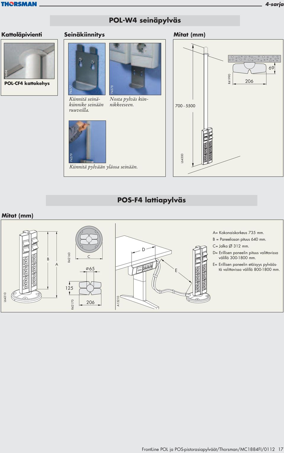L64300 POS-F4 lattiapylväs Mitat (mm) A= Kokonaiskorkeus 735 mm. B = Paneeliosan pituus 640 mm. B A R42160 C 65 D E C= Jalka O 312 mm.