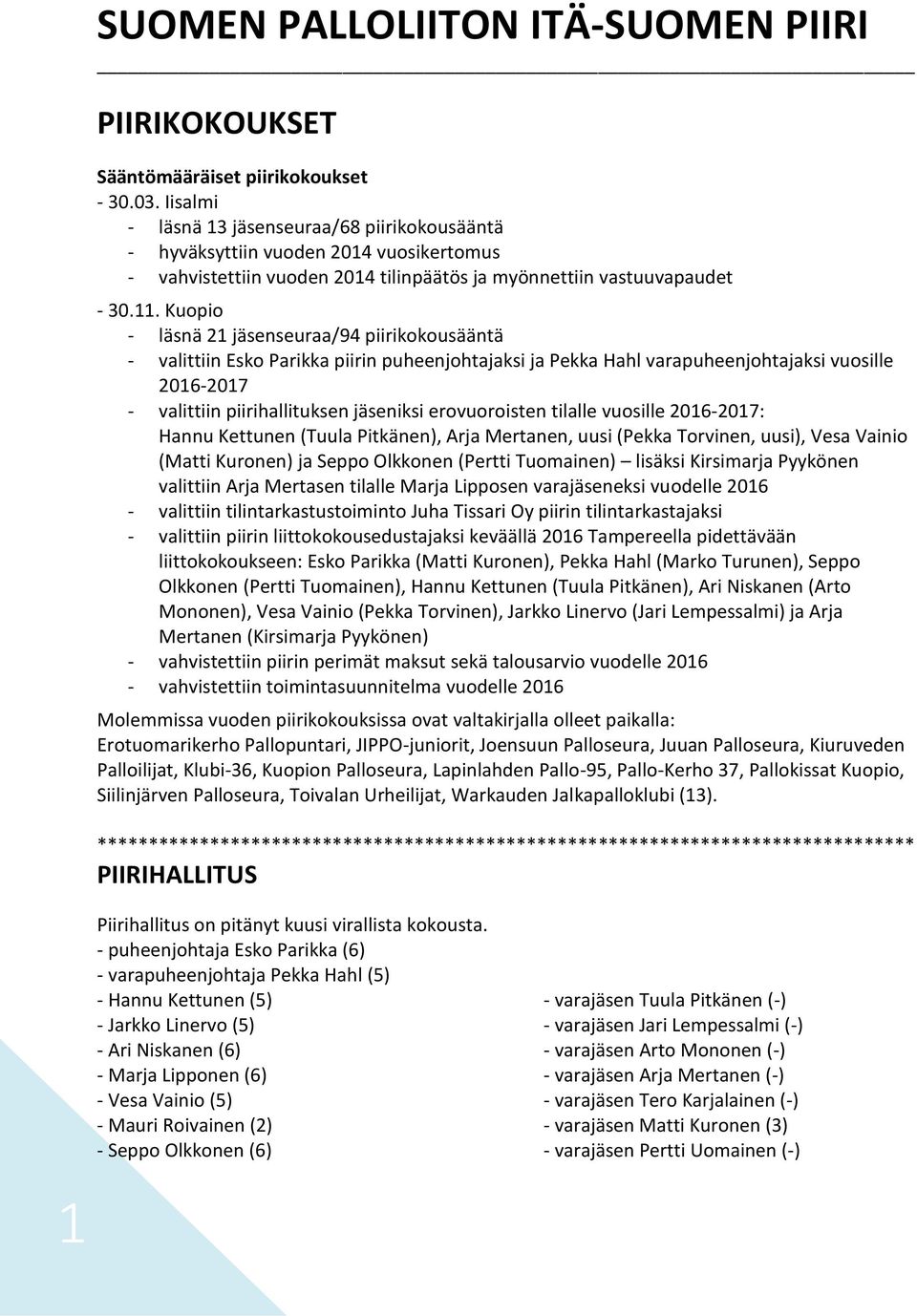 Kuopio - läsnä 21 jäsenseuraa/94 piirikokousääntä - valittiin Esko Parikka piirin puheenjohtajaksi ja Pekka Hahl varapuheenjohtajaksi vuosille 2016-2017 - valittiin piirihallituksen jäseniksi