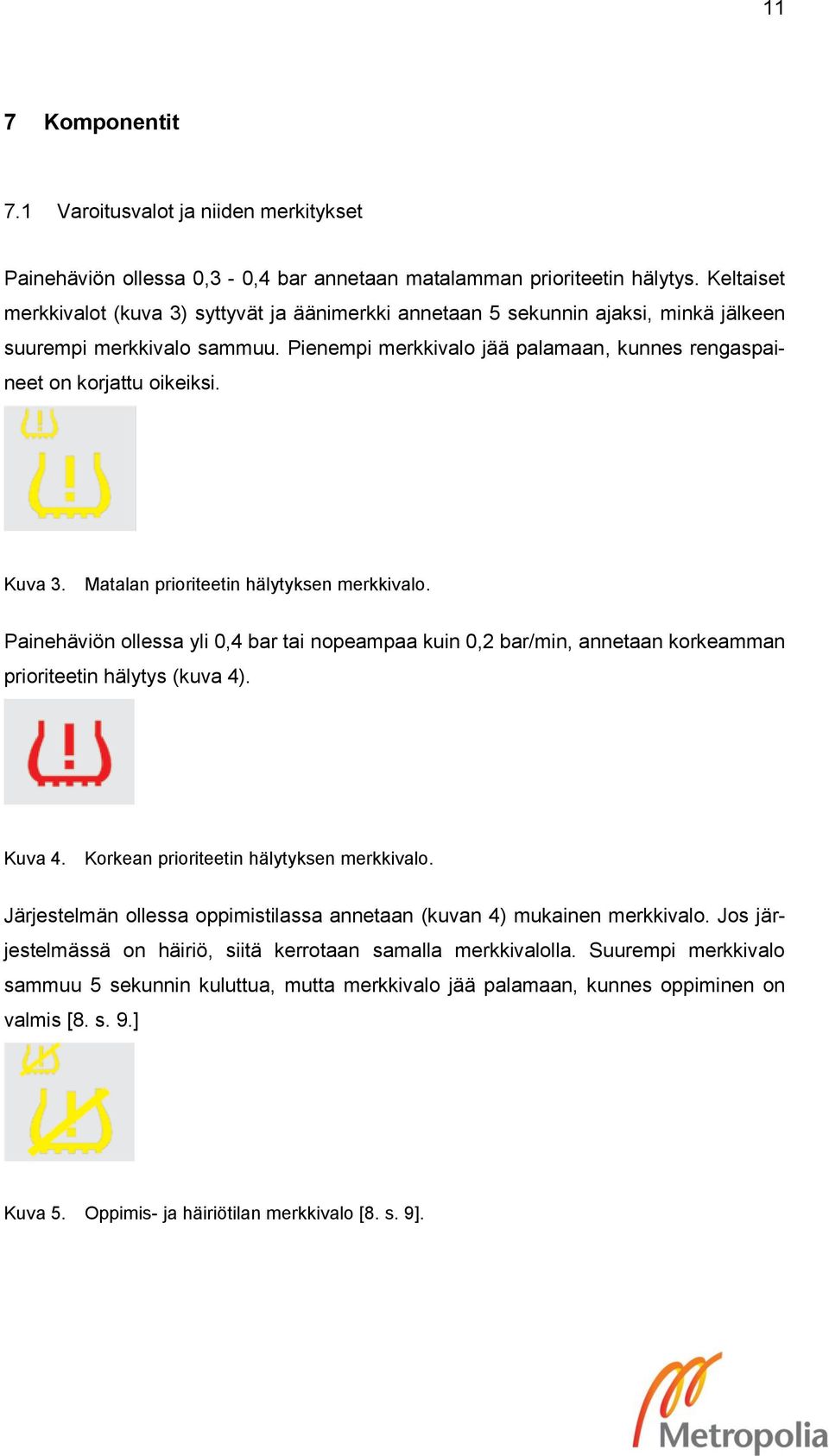 Kuva 3. Matalan prioriteetin hälytyksen merkkivalo. Painehäviön ollessa yli 0,4 bar tai nopeampaa kuin 0,2 bar/min, annetaan korkeamman prioriteetin hälytys (kuva 4). Kuva 4.