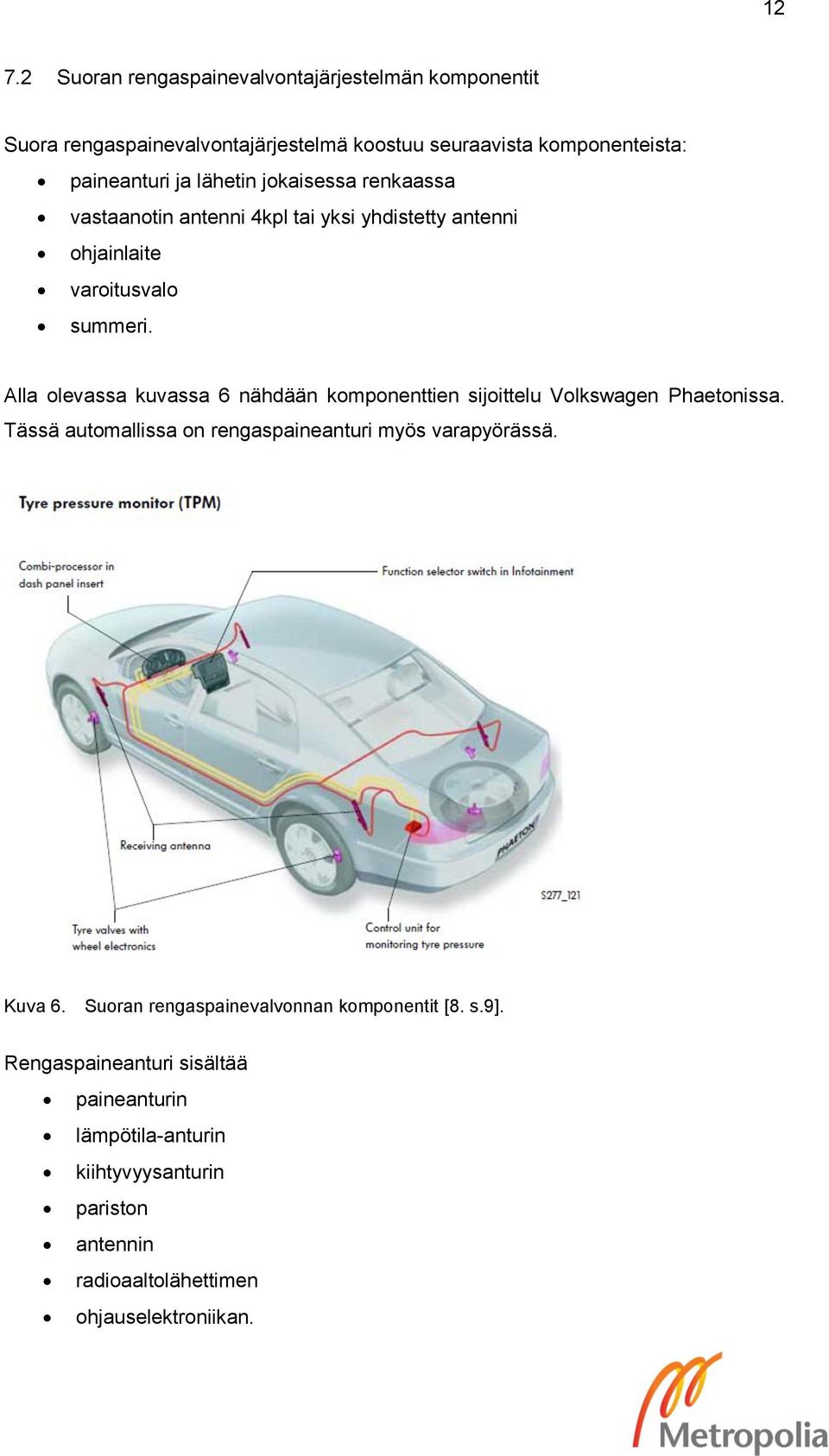 Alla olevassa kuvassa 6 nähdään komponenttien sijoittelu Volkswagen Phaetonissa. Tässä automallissa on rengaspaineanturi myös varapyörässä. Kuva 6.