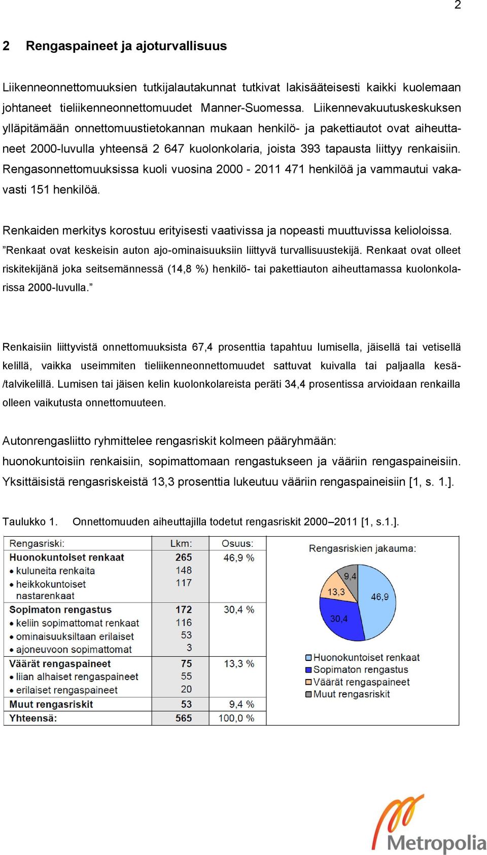 Rengasonnettomuuksissa kuoli vuosina 2000-2011 471 henkilöä ja vammautui vakavasti 151 henkilöä. Renkaiden merkitys korostuu erityisesti vaativissa ja nopeasti muuttuvissa kelioloissa.